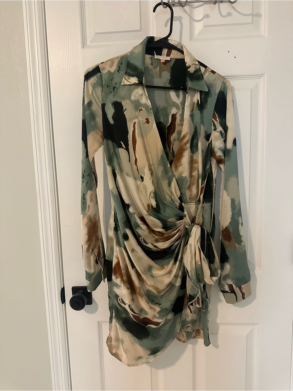 Luxxel Abstract Wrap Dress in Green, Brown and Cream